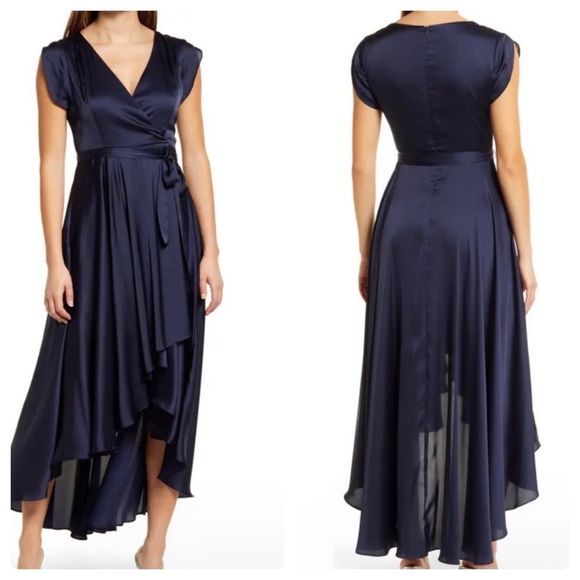 Lulus Dresses & Skirts - Lulu’s Navy Satin Fallen For You Wrap Dress | Size L
